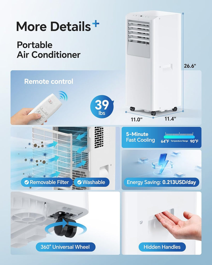 8,000 BTU Portable Air Conditioner - Cools Up to 350 Sq. Ft., 5-in-1 Portable AC Unit for Rooms with Remote Control