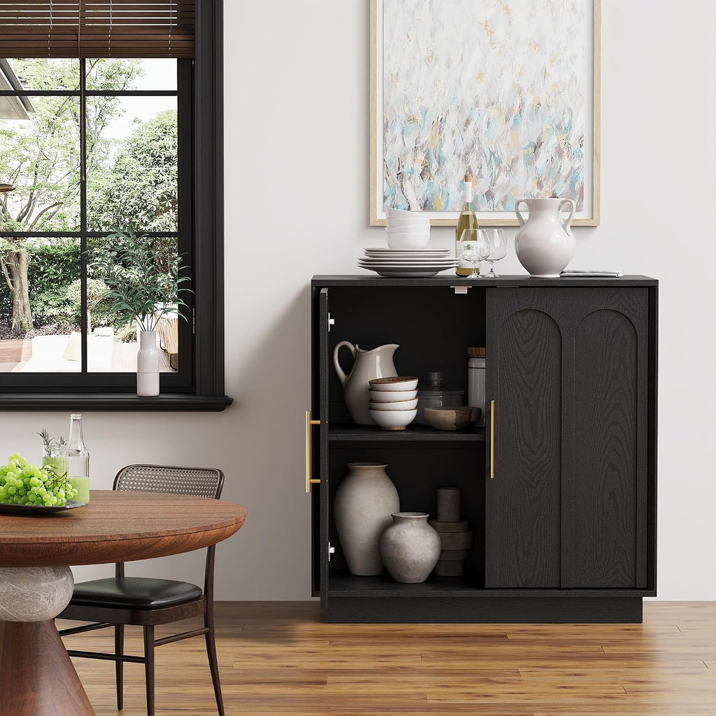 31.5" Modern Sideboard Buffet Cabinet with Storage, Black | Modular Media Console, Minimalist Credenza with Arched