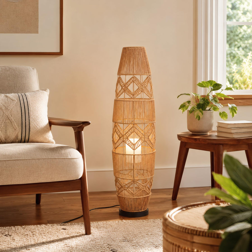 Bamboo Floor Lamp, Farmhouse Style Large Wicker Indoor Floor Light, Boho Standing Light Plug in, Woven Rope Standing