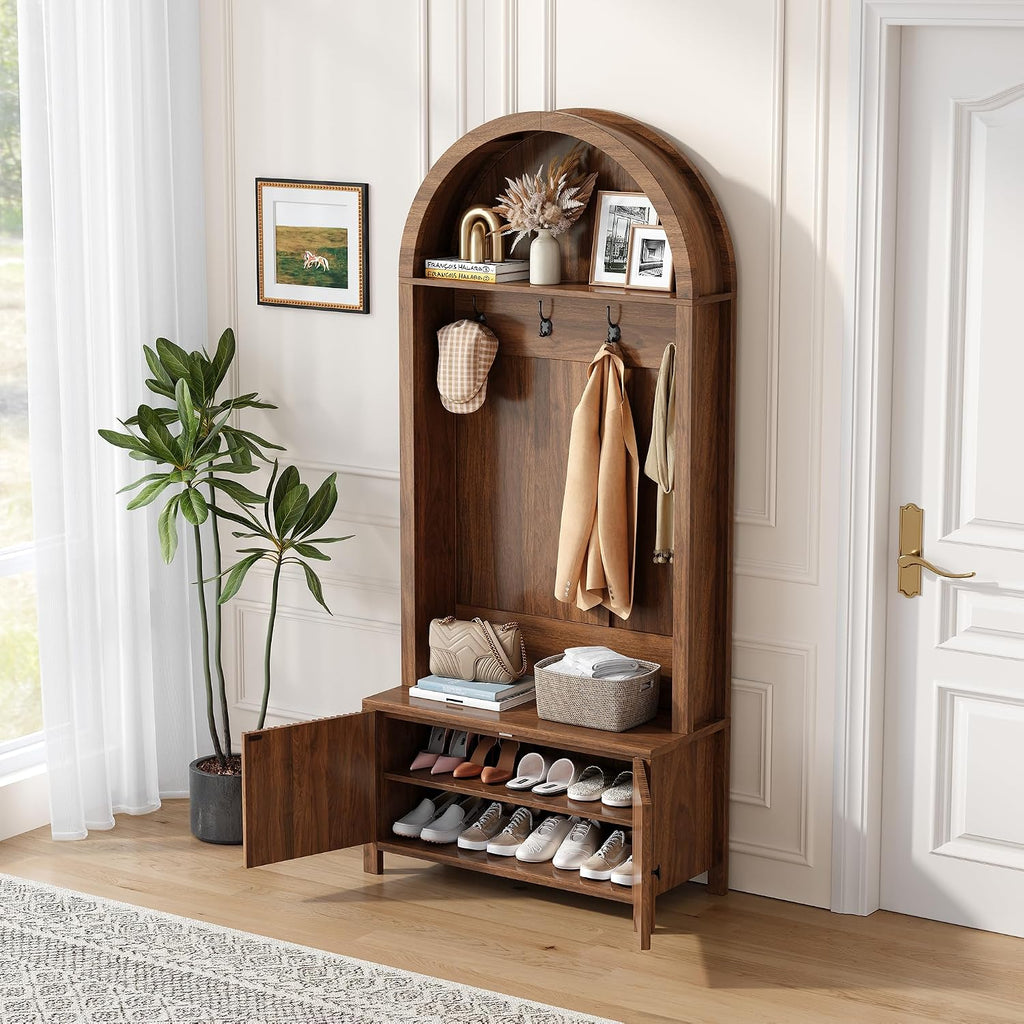 Hall Tree with Bench and Shoe Storage, 4-in-1 Mudroom Entryway Coat Rack & Shoe Storage Cabinet with 4 Hooks