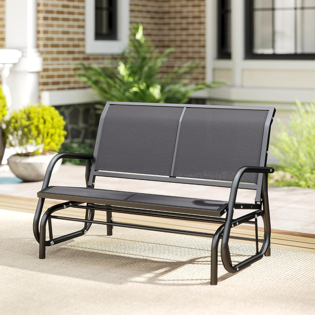 2-Person Outdoor Glider Bench with Steel Frame, Gray | Double Swing Rocking Chair, Loveseat, for Outside Patio