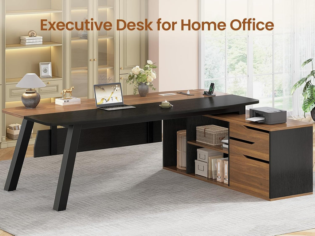 71" Executive Desk with File Cabinet, Large Office Desk with Drawers and Shelves