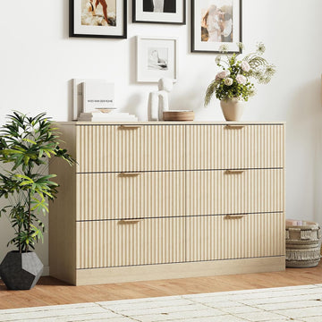 Modern Fluted 6 Drawer Dresser, Wide Wooden Storage Cabinet with Metal Handles, Silent Glide Drawers, Anti-Tip Chest