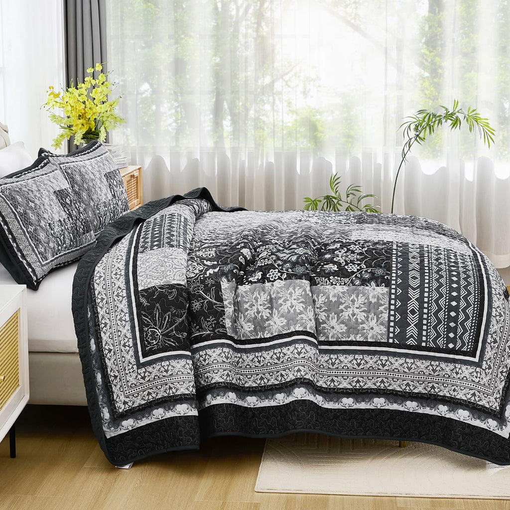 Boho Quilt Queen Set, 3 Pcs Black Patchwork Bedspread Set