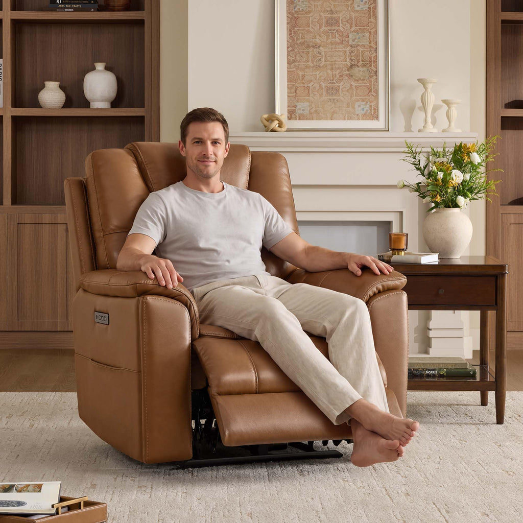 Power Recliner Chair Oversized Genuine Leather, Saddle
