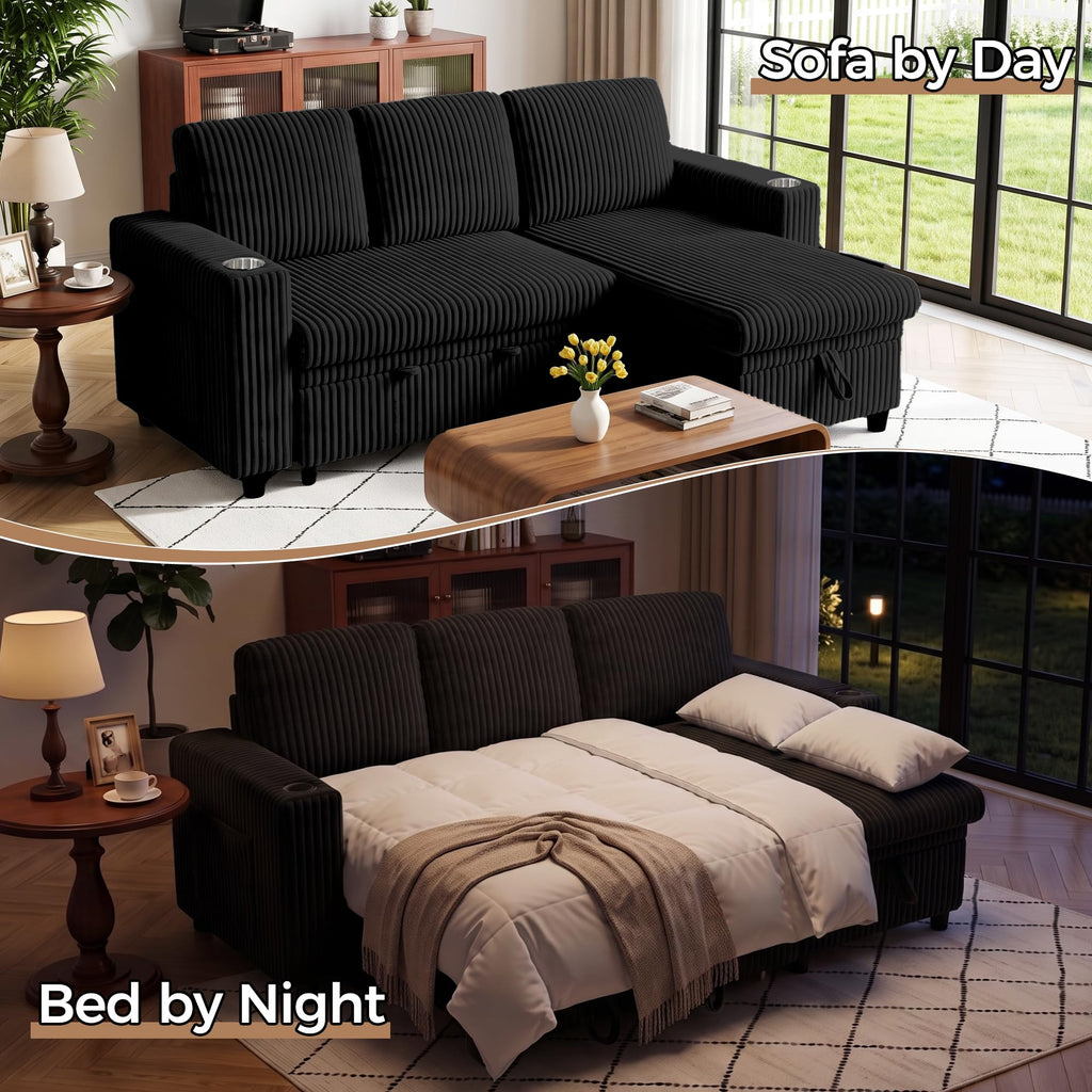 82.5" Pull Out Sleeper Sofa Bed with Storage Chaise, Black