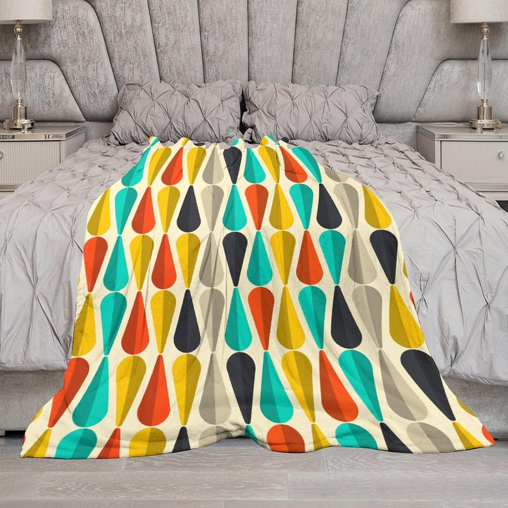 Mid Century Throw Blanket, Modern Drop Shape Retro Colors Boho Orange Teal Black Geometric Pattern Throws Blankets