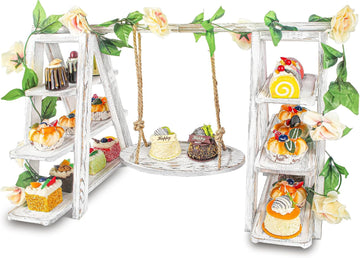 Wooden 3 Tier Cupcake Stand with Swing and Flower Decoration Serving Removable Tray Display Serving Ladder Foldable