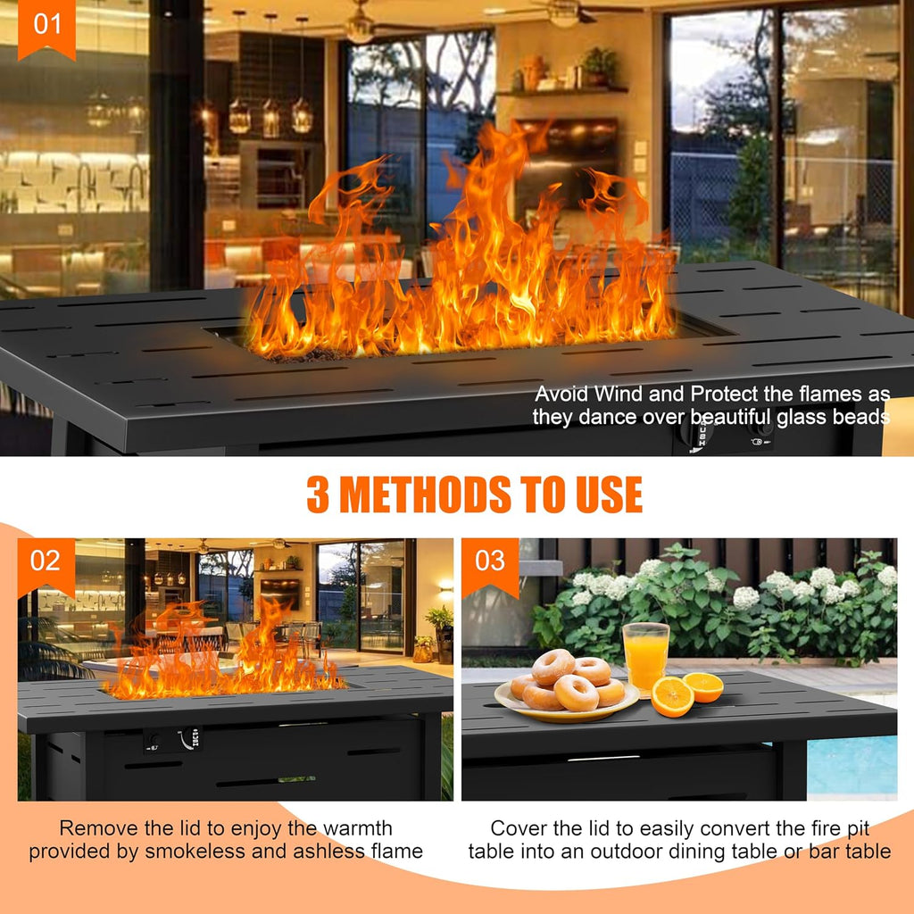 44 Inch Propane Fire Pit Table 50,000 BTU with Lid and Waterproof Cover for Outside Patio - Rectangular, Black