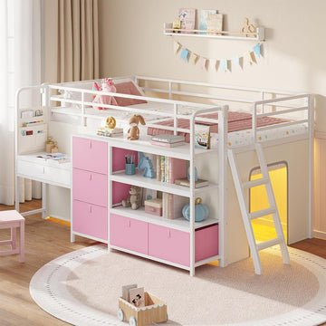 Low Loft Bed with Desk and 6 Storage Drawers Twin Loft Bed with Bookshelf,LED Lights & Under-Bed Play Space,Kids Twin