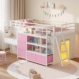Low Loft Bed with Desk and 6 Storage Drawers Twin Loft Bed with Bookshelf,LED Lights & Under-Bed Play Space,Kids Twin