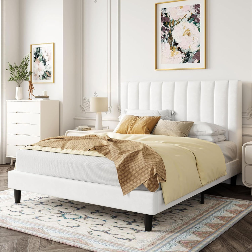 Full Bed Frame/Velvet Upholstered Bed Frame with Vertical Channel Tufted Headboard/Strong Wooden Slats/Platform Bed