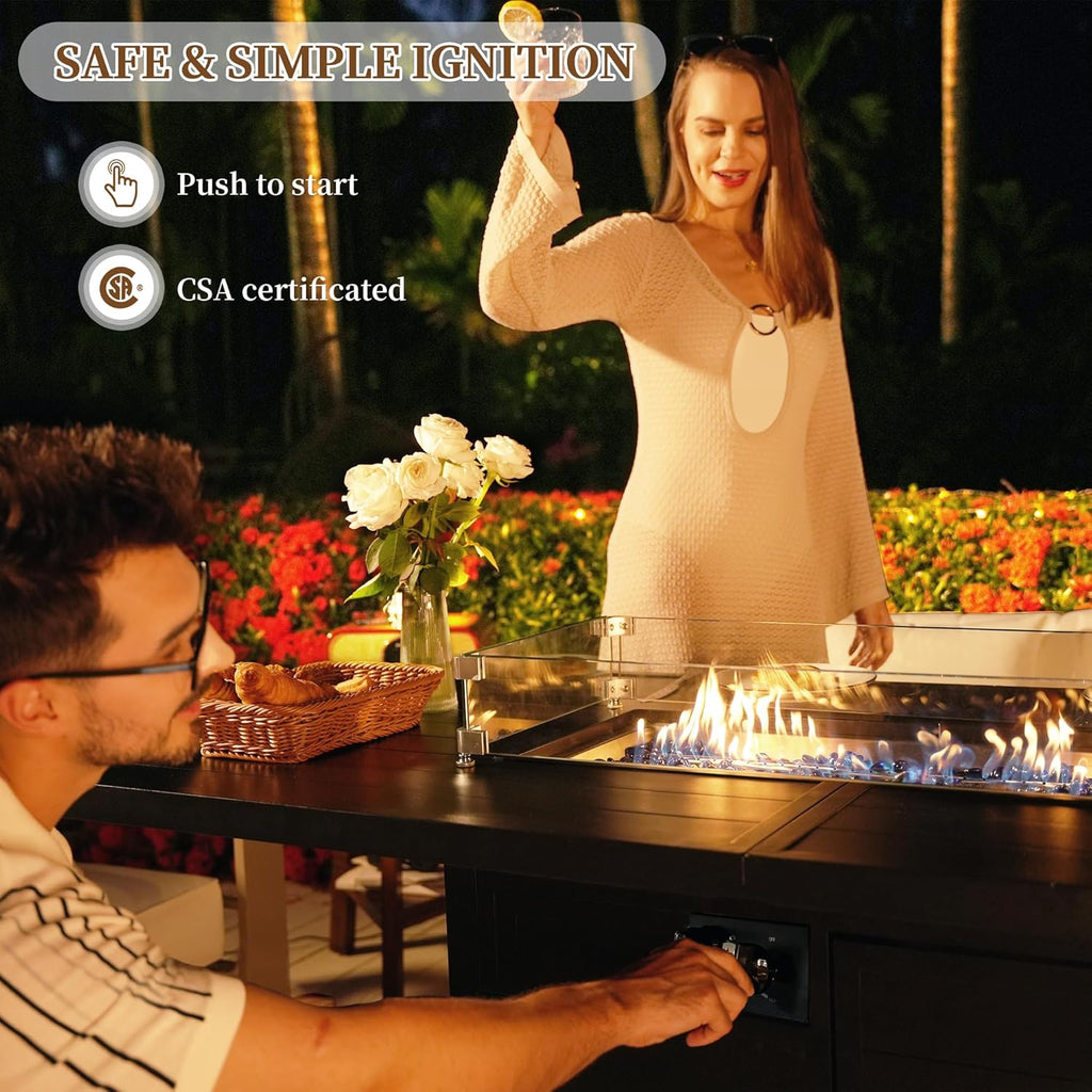 60 Inch Propane Firepit Table - Outdoor Rectangular Aluminum Fire Table w/Wind Guard - 50,000 BTU Gas Fire Pit with Glass Beads and Waterproof Cover - Image 6