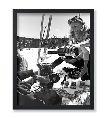 Pouring Champagne Print - Ski Poster - Humorous & Alcohol Illustration - Black and White Wall Design - Winter Snow