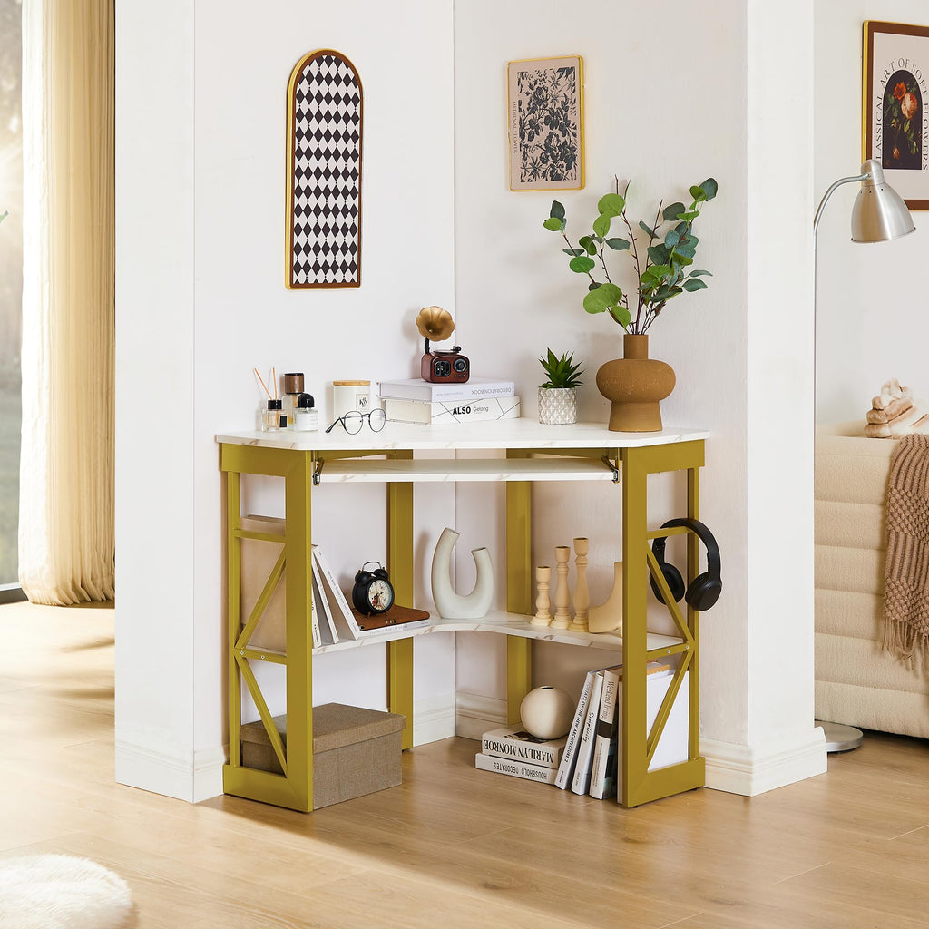 Corner Computer Desk 41 x 30 inches with Smooth Keyboard & Storage Shelves Workstation, White & Gold