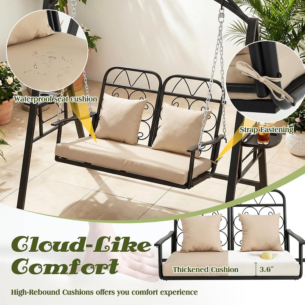 Porch Swing with Stand, 2-Person Metal Patio Swing with Cup Holder | Heavy-Duty Outdoor Swings Chair for adults with