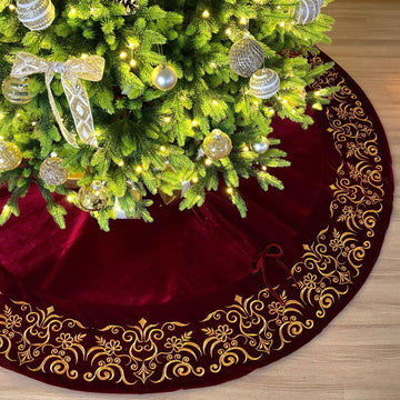 84-Inch Victorian Velvet Christmas Tree Skirt with Gold Damask Embroidery and Plush Lace Ties, Burgundy