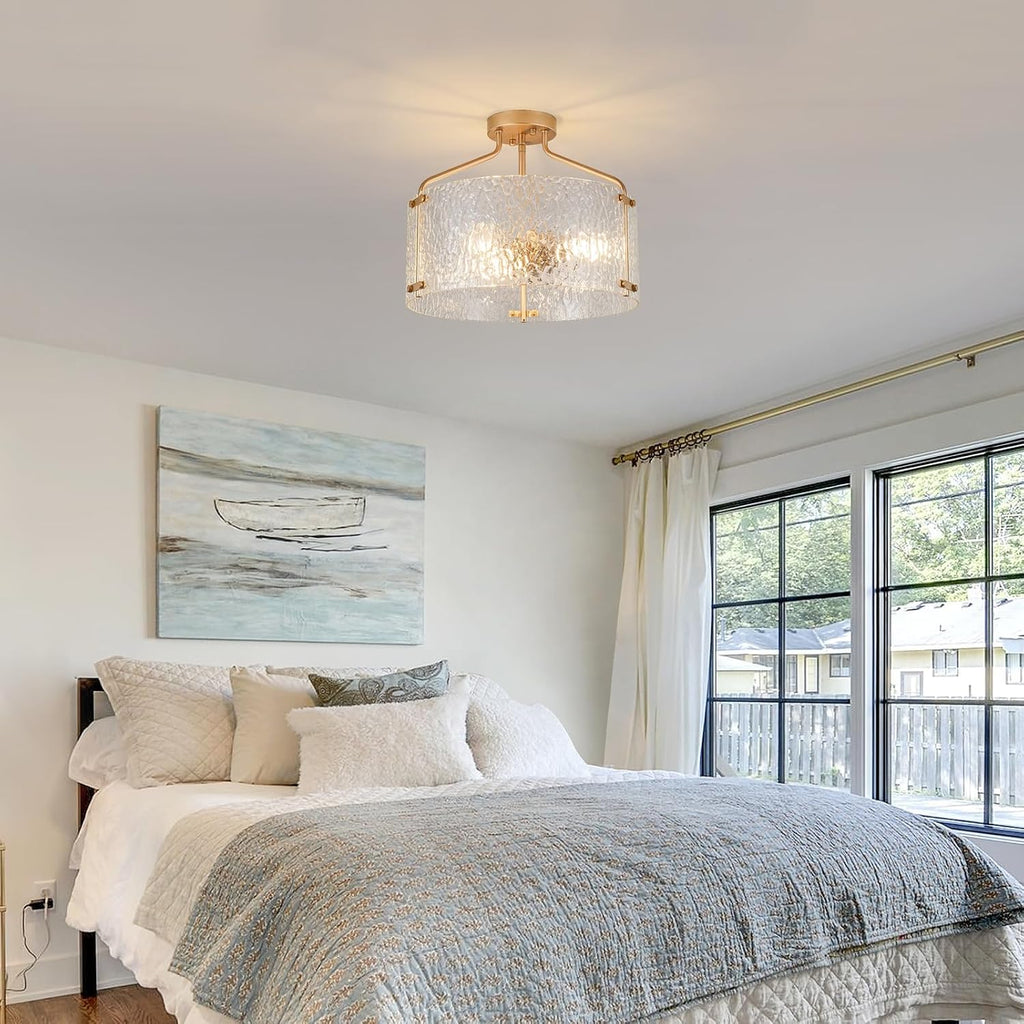 Semi Flush Mount Ceiling Light Fixture Glass Drum Chandelier Entryway Light Fixture 16''Gold Flush Mount Ceiling