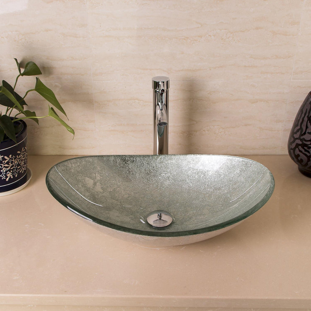 21.7"L × 14.2"W × 6.3"H Tempered Glass Vessel Sink Set - Boat-Shaped Wash Bowl with Chrome Faucet & Pop-Up Drain Stopper