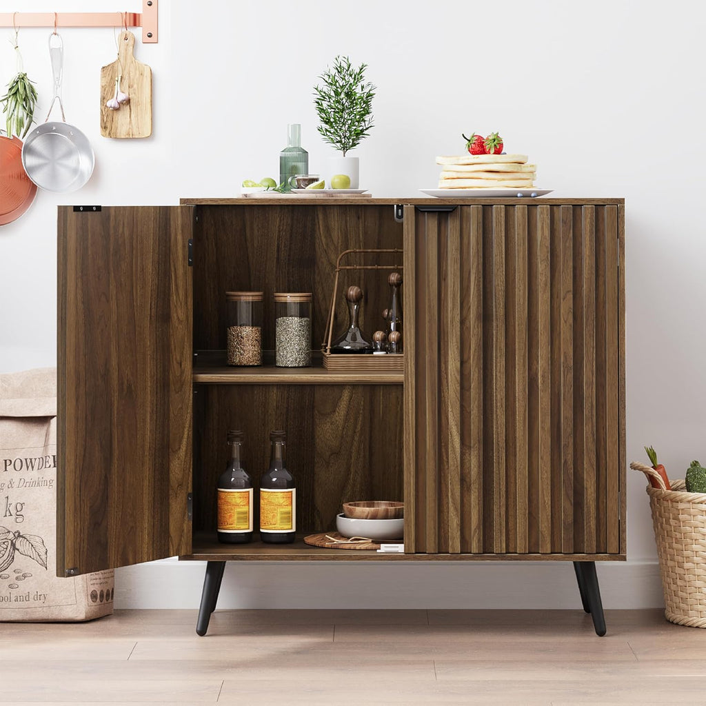 Fluted Sideboard Cabinet, Freestanding Walnut Buffet Cabinet with Adjustable Shelf, Wood Storage Cabinet