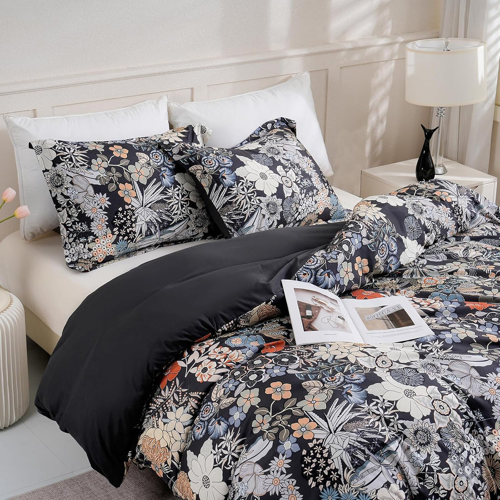 Flower 3 Pcs Duvet Cover Set, Breathable Soft Microfiber Black Lining Comforter Cover with Zipper Closure, and