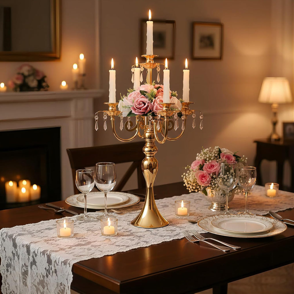 5 Arm Black Candelabra Centerpiece for Table, 20.3” Tall Metal Candlestick Candle Holder for Taper Candles, Gothic