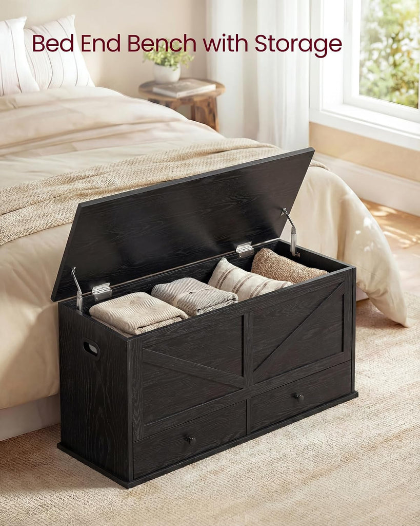 Storage Chest, Storage Bench with 2 Fabric Drawers, Farmhouse Style, 15.7 x 39.4 x 19.9 Inches, Ebony Black ULSB043B02