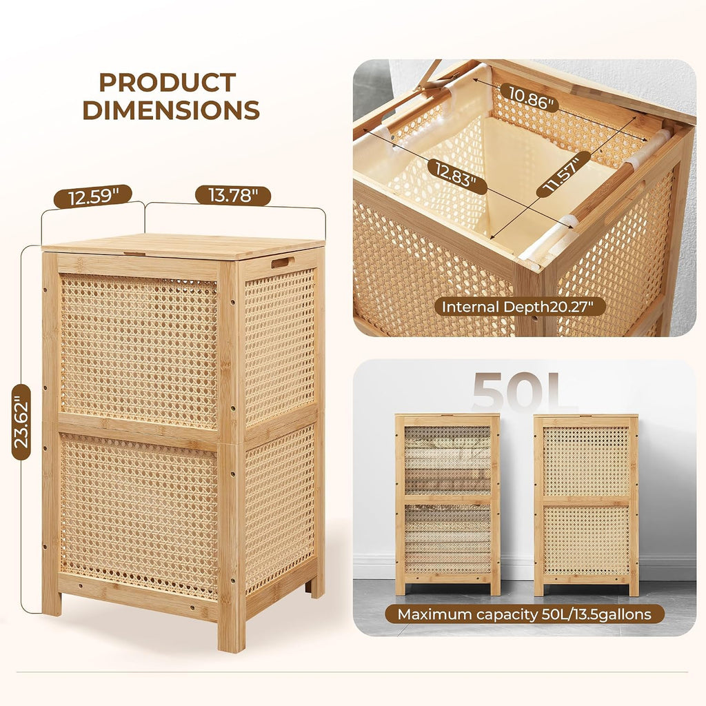 Bamboo Wicker Laundry Hamper Basket with Lid, 13 Gal/50L, Natural | Woven Wicker, Boho Bamboo Frame, Removable