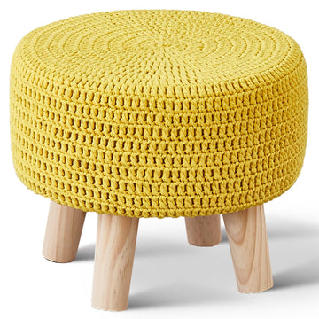 Small Ottomans, 100% Hand Knitted Pouf, Round Footrest with 4 Non-Skid Wood Legs, Boho Décor Cotton Rope Pouffe