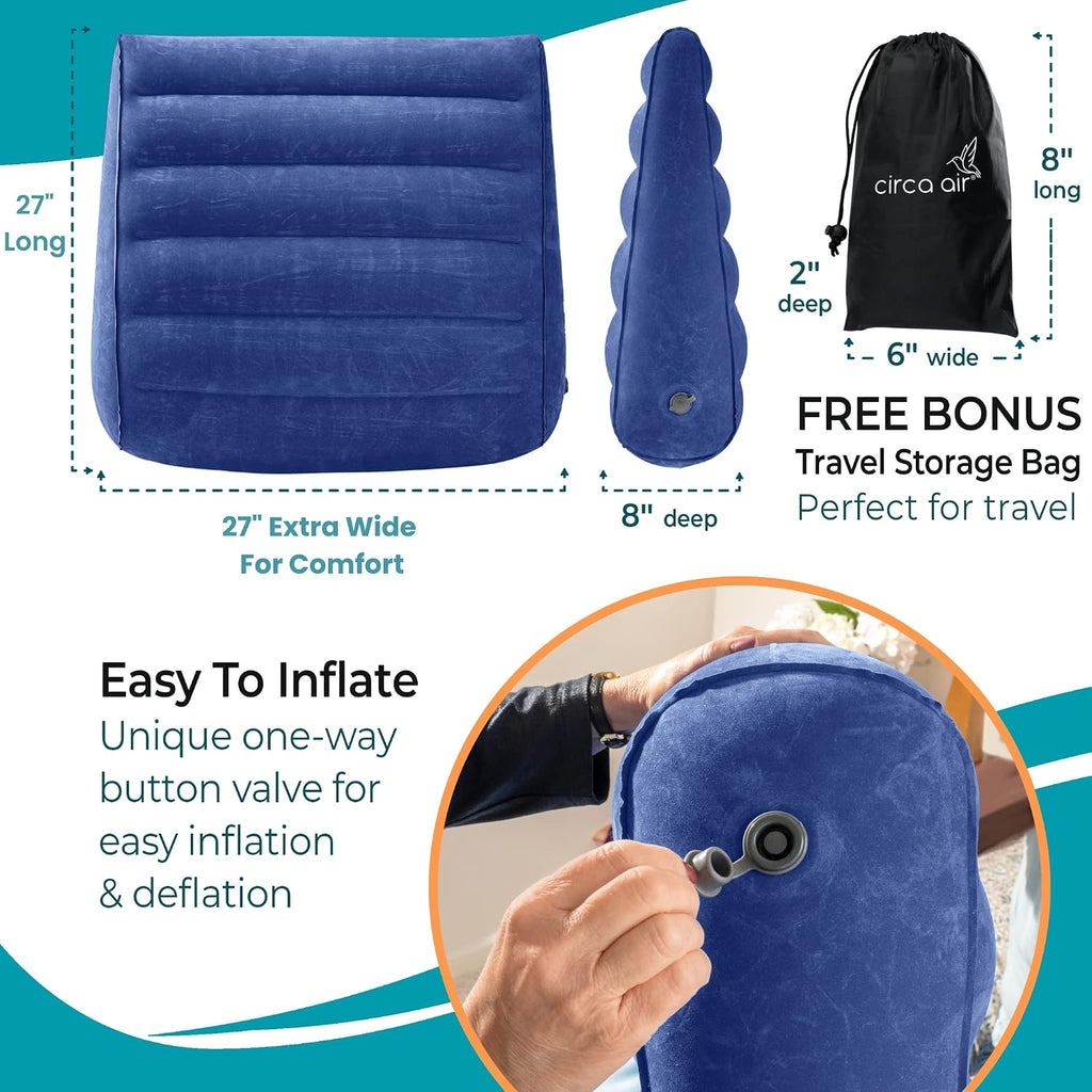 Inflatable Wedge Pillow (Blue 27') and Mini Pump Bundle - Travel Wedge Pillow for Sleeping, GERD, Snoring, or Acid