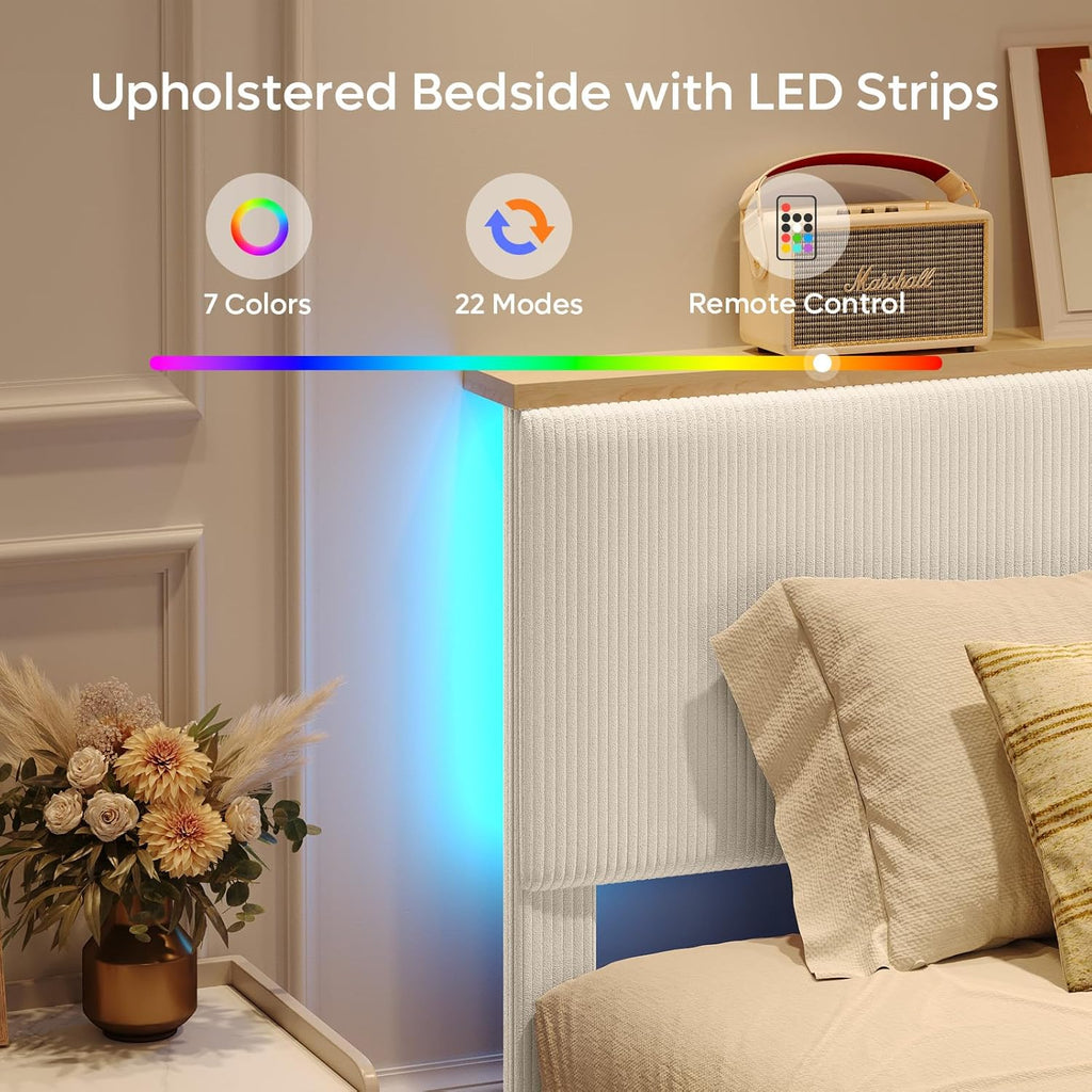 Queen Bed Frame with Adjustable Headboard & LEDLighting, Corduroy Upholstered Platform Bed Frame withStorage Shelf