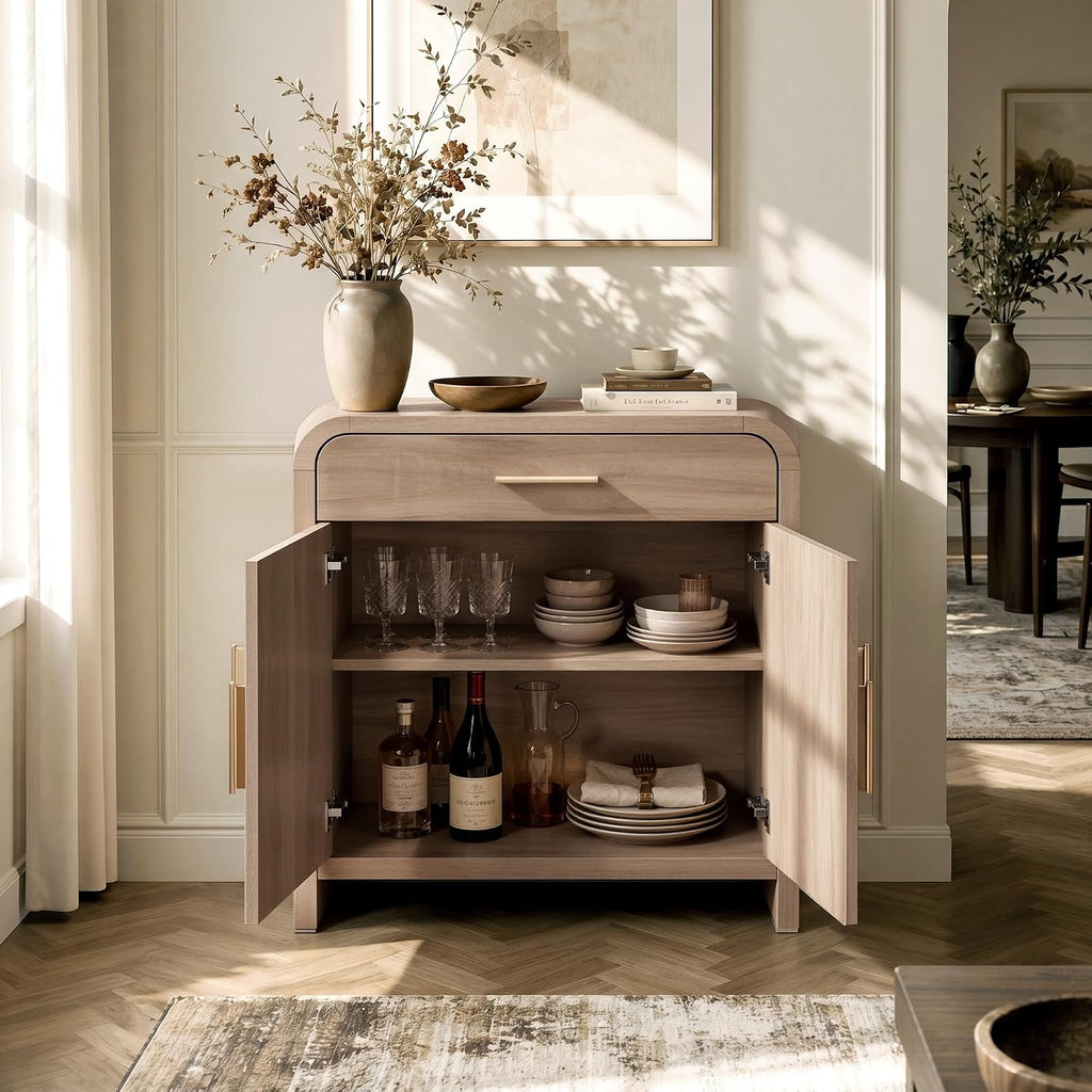 31.3" Modern Buffet Cabinet with Storage, Curved 2-Door Sideboard | Accent Storage Cabinet with Adjustable Shelves