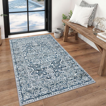 3x5 Entryway Rug Non-Slip Washable Area Rugs, Vintage Floral Kitchen Rugs Blue White, Ultra Soft Pri