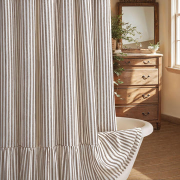 Farmhouse Shower Curtain Ruffle Linen Cream-Brown Stripe 72"W x 72"L | Farmhouse Boho, Striped, Bottom Ruffle, Linen
