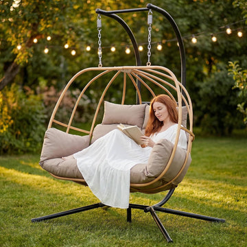 Double Egg Chair Outdoor, Egg Swing Chair with Stand, Hanging Swing Chair Outdoor with Cushions/Headrest, 80" H