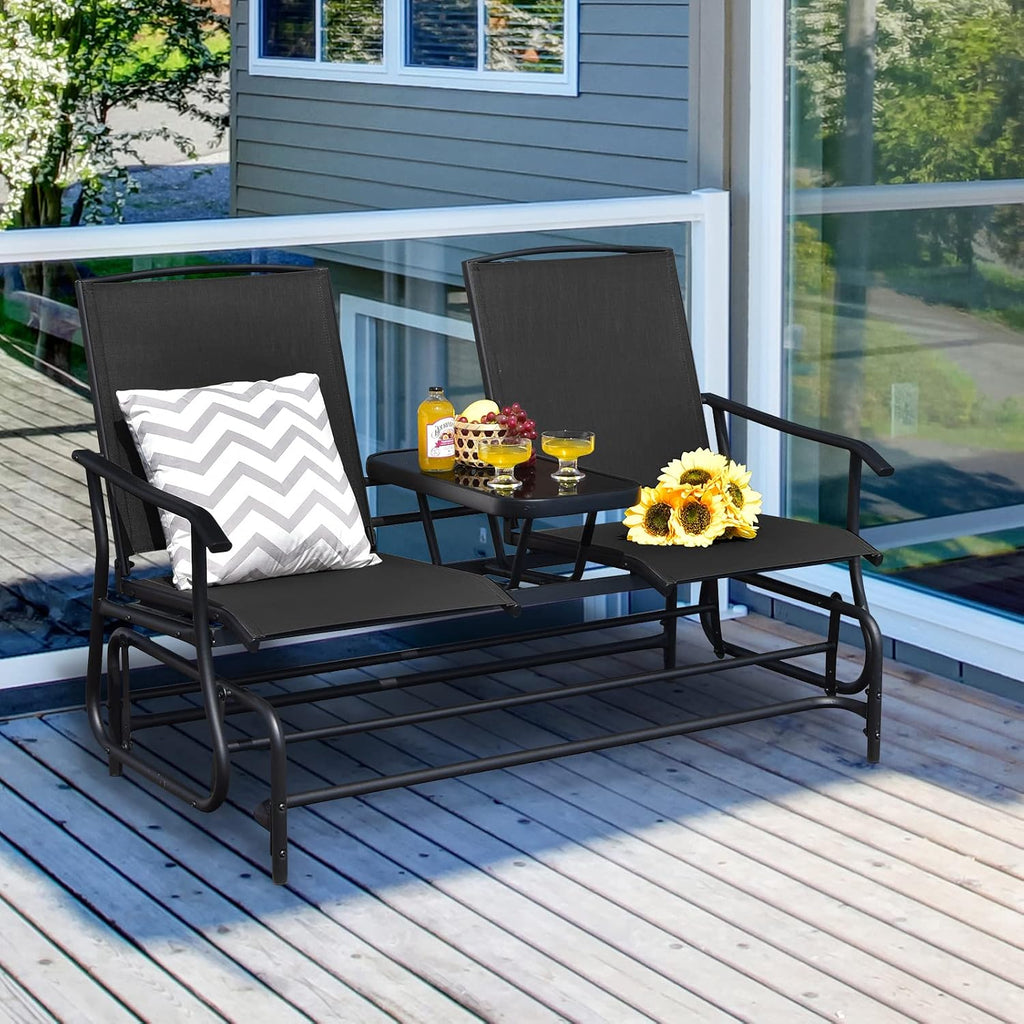 2-Person Outdoor Glider, Patio Glider Bench Chairs with Center Tempered Glass Table & Breathable Loveseat, Double