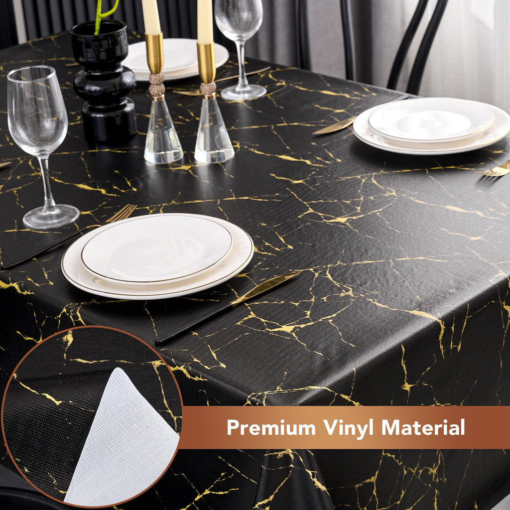 100% Waterproof Vinyl Tablecloth 54x78 Inch Rectangle, Black Marble