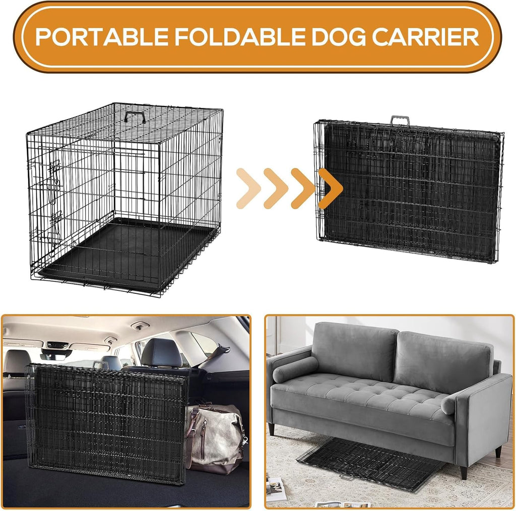 Dog Crate - 36 Inch Medium Double Door Portable Dog Cage, Metal Wire Pet Kennel with Secure Lock, Leak-Proof Pan Tray