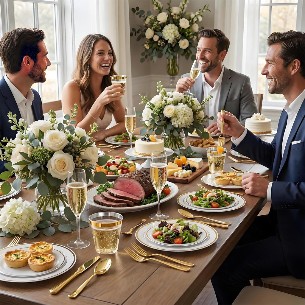 White and Gold Plastic Plates, Disposable Dinnerware Set