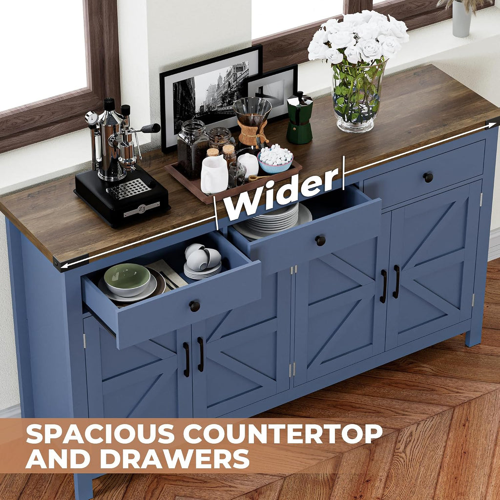63" Sideboard Buffet Cabinet with Storage, Coffee Bar with 3 Drawers and 4 Barn Doors