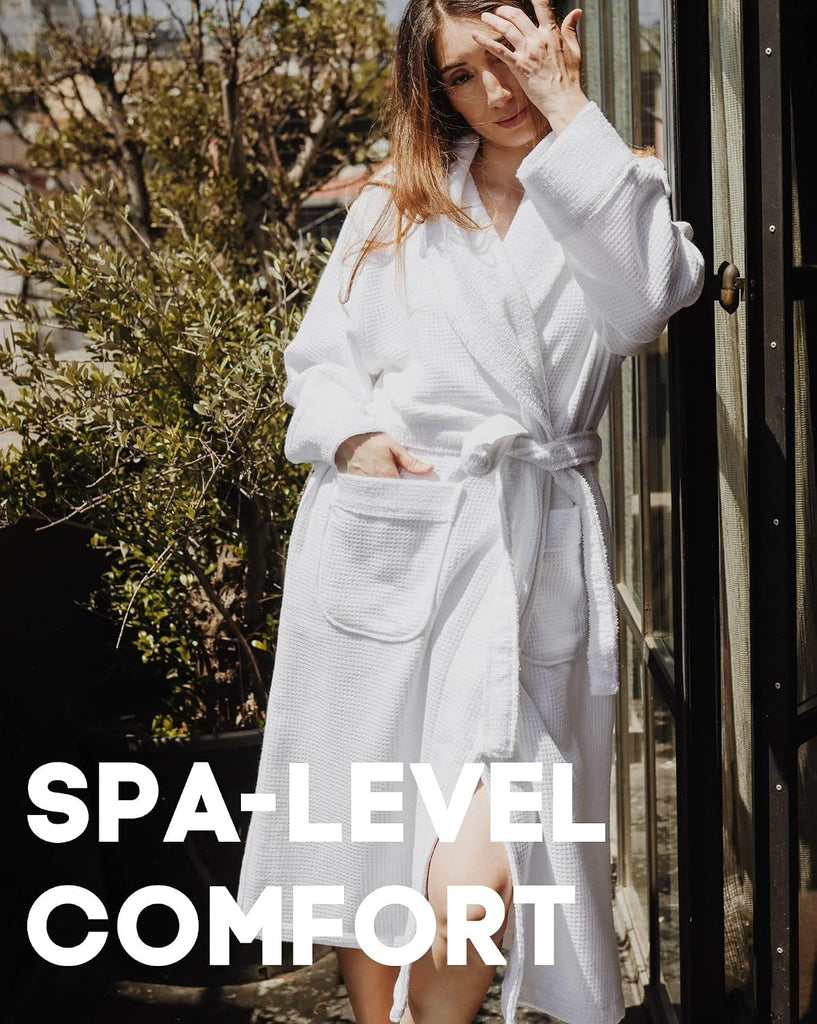 Cotton Waffle Bathrobe, Luxury Spa Hotel Shawl Collar Robe for Women & Men, Plush Terry Inside