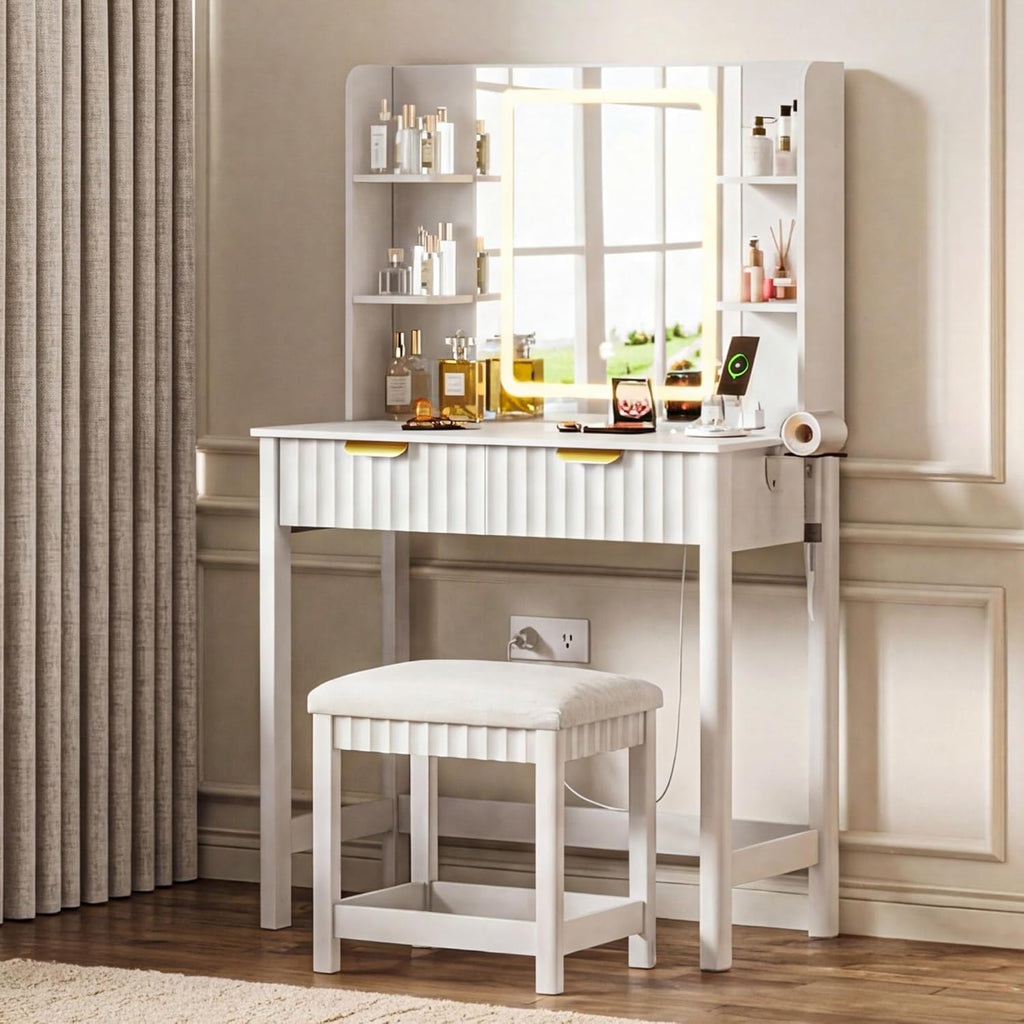 Vanity Desk with LED Mirror, 3 Lighting Modes and Chair | Small Makeup Vanity Table Set with Fluted Drawers, Dressing