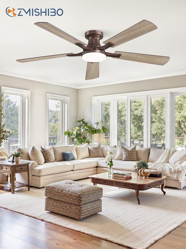 52 Inch Ceiling Fan with Light, App&Remote Control, Flush Mount Low Profile, Dimmable 20W LED Light, Quiet Reversible Motor for Bedroom, Living Room, Apartment, Brown