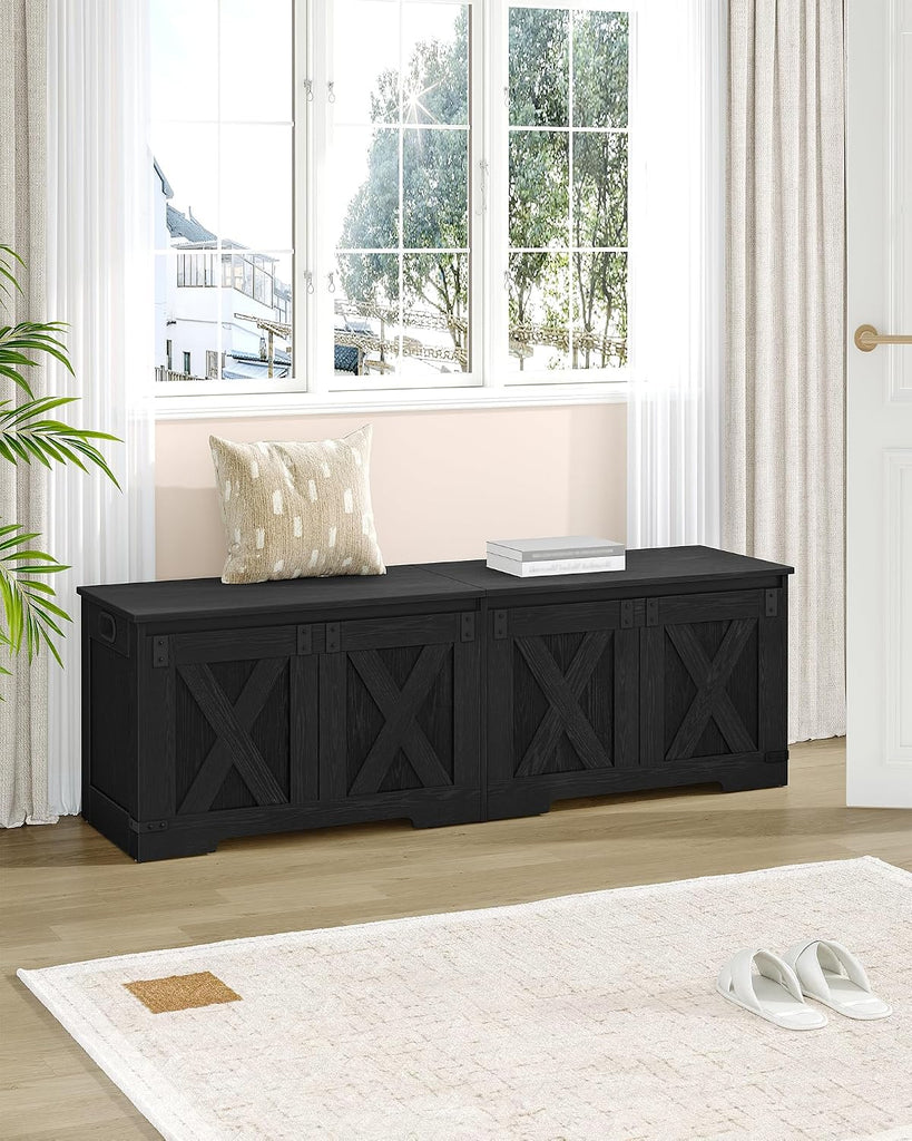 59" Storage Bench, Lift Top, 268L/70 Gal Large Chest | | Rustic Black, Farmhouse, FSC Wood, 330lb, Double Hinges
