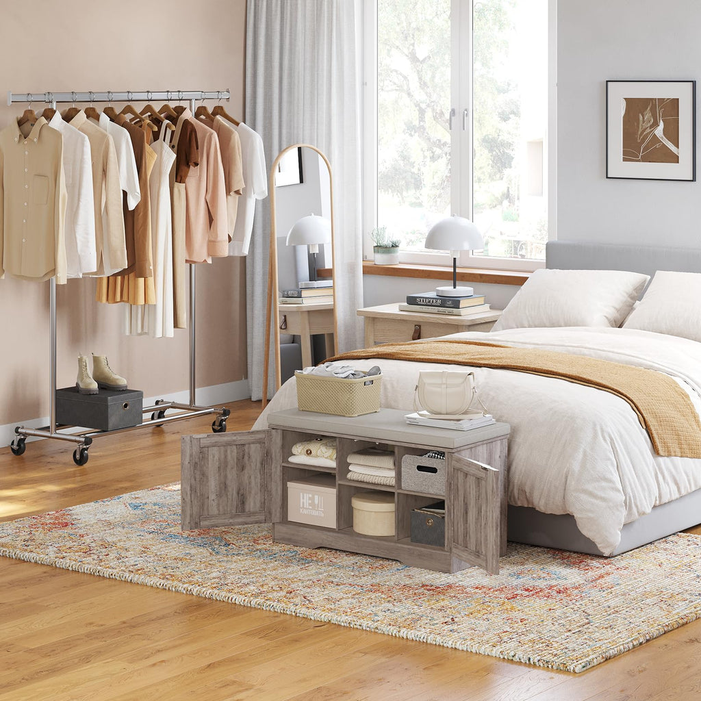 Shoe Storage Bench with Cushion, Door, Greige 31.5" LX17.7 H