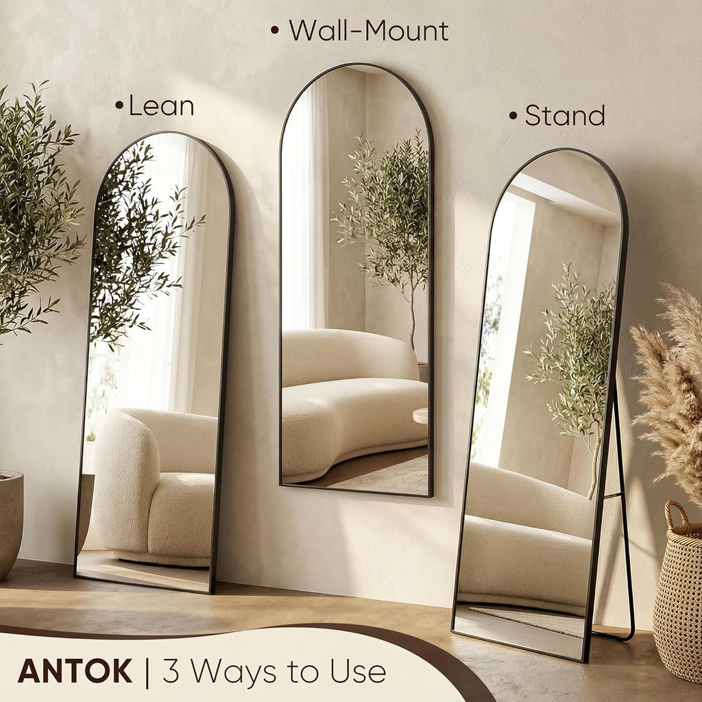 71" x28” Arched Full Length Floor Mirror, Black Aluminum Frame, Free Standing/Wall Mount/Leaning , Dressing Room