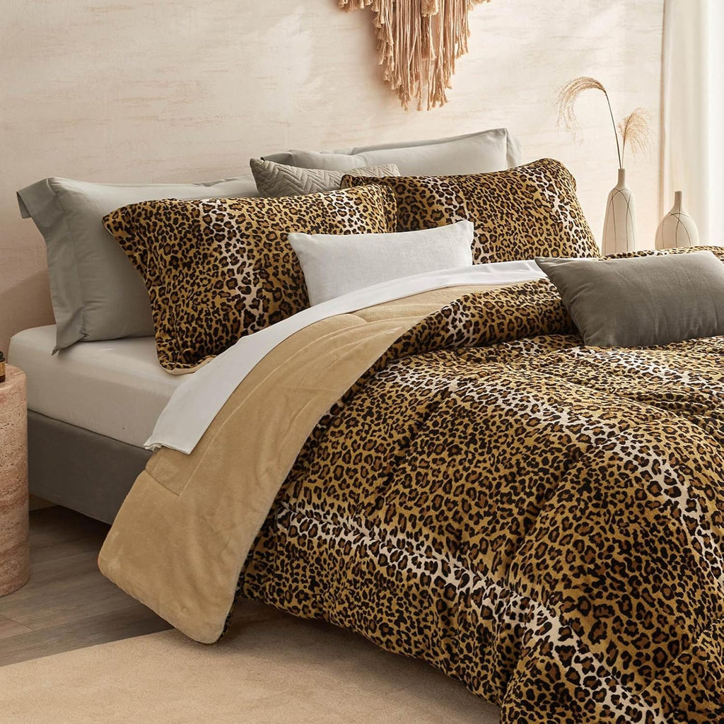Petrichor Leopard Velvet Flannel King Comforter Set-Cheetah Print Western Blanket,Luxury Fuzzy Heavy Bedding Set,3