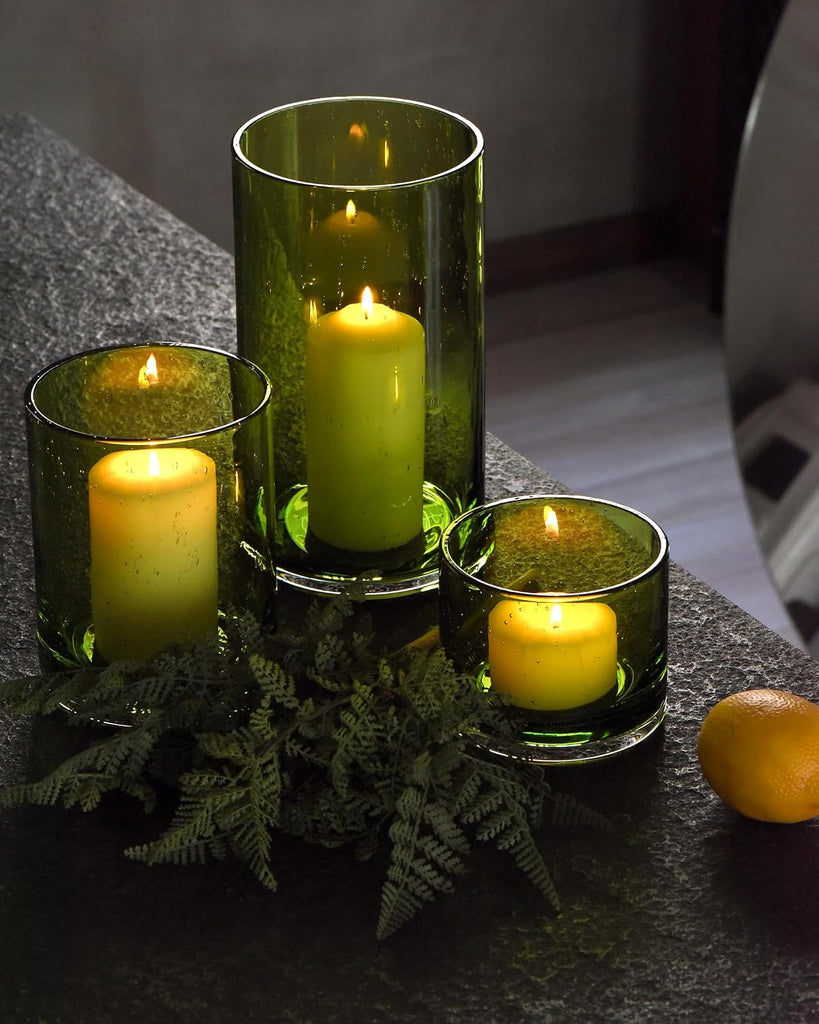 Hurricane Candle Holders Set of 3, Spring Green Glass | Seeded Bubbles, Pillar Candle Holders, Cylinder Vase