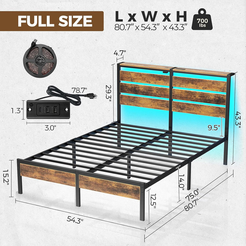 Bed Frame Full with USB Charging Station, LED Bed Frame with Wood Storage Headboard