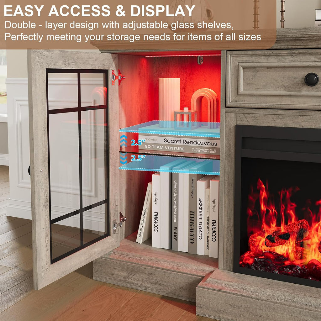 Fireplace TV Stand Up to 80" TVs, 70'' Modern Entertainment Center with 36" Electric Fireplace & LED Lights
